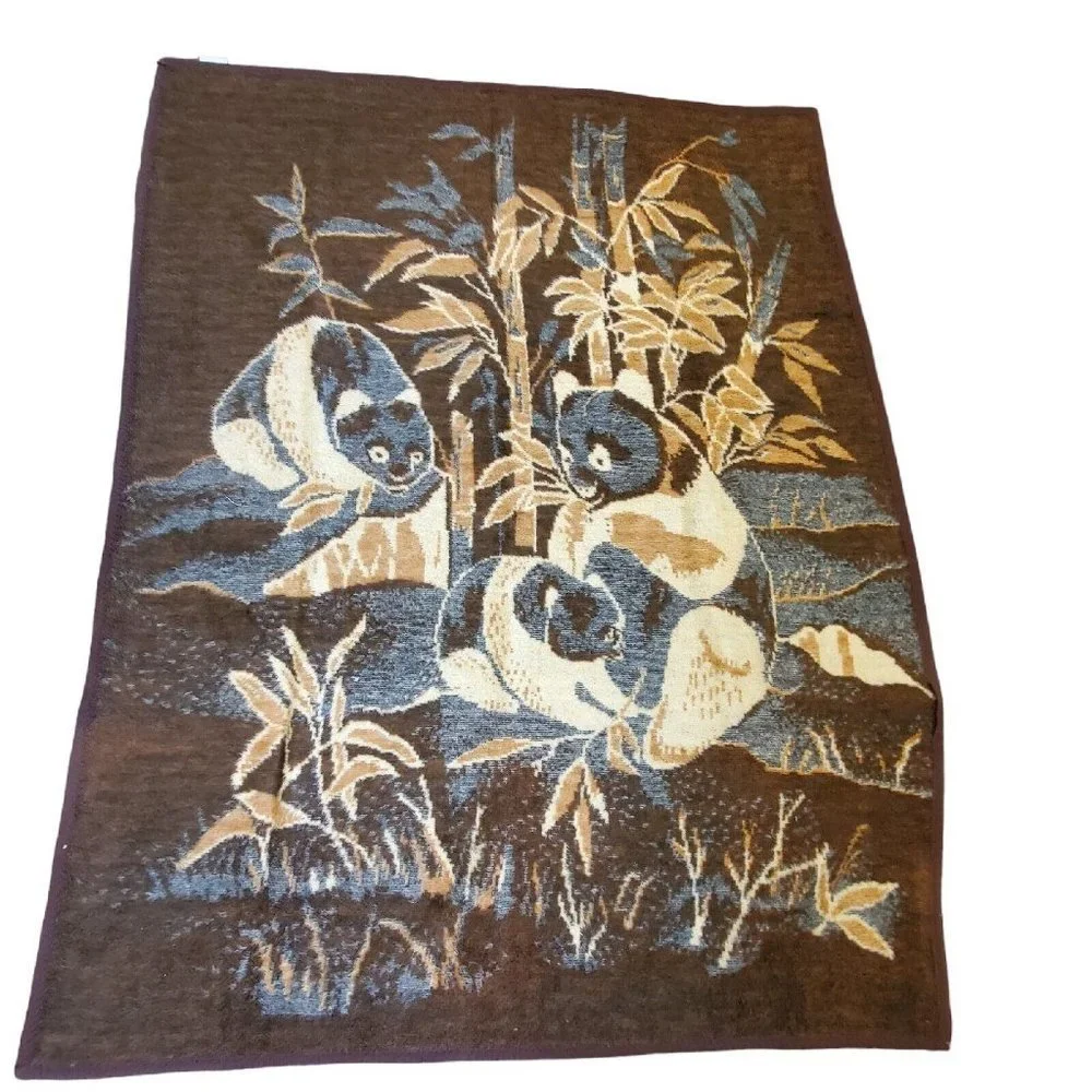 Vintage Brown Reversible‎ Nature Asian Panda Scene Eating Bamboo 60 X 80